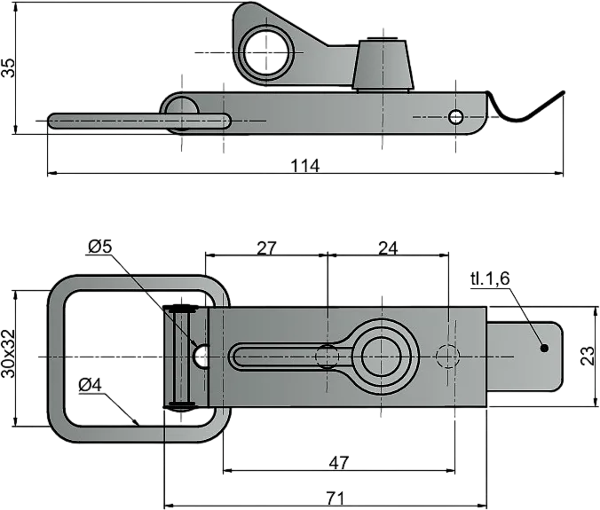 Dimensions of KOMAS 15029 toggle latch with swivel eye